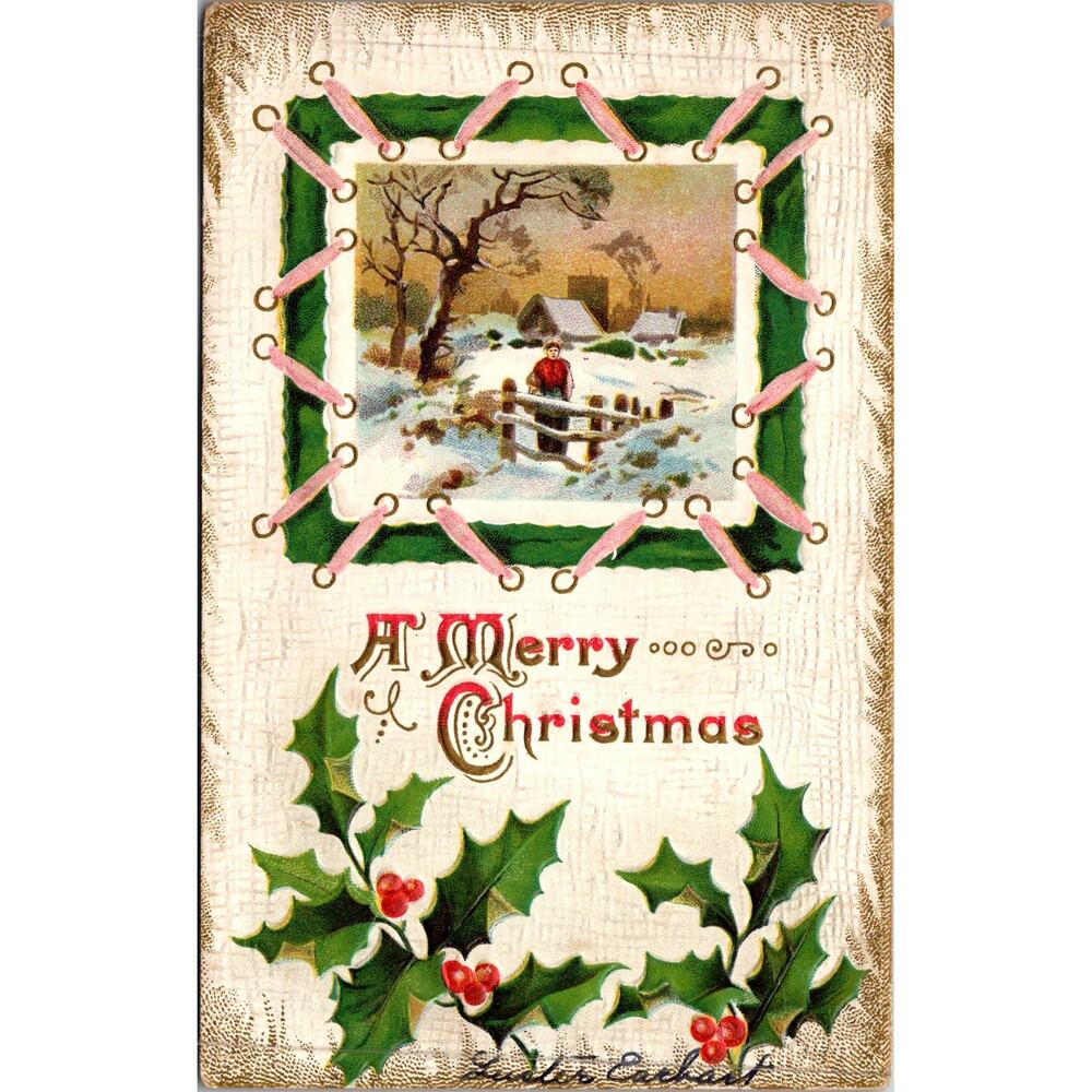 A Merry Christmas Snowy Village Winter Scene Vintage Postcard SP17-26